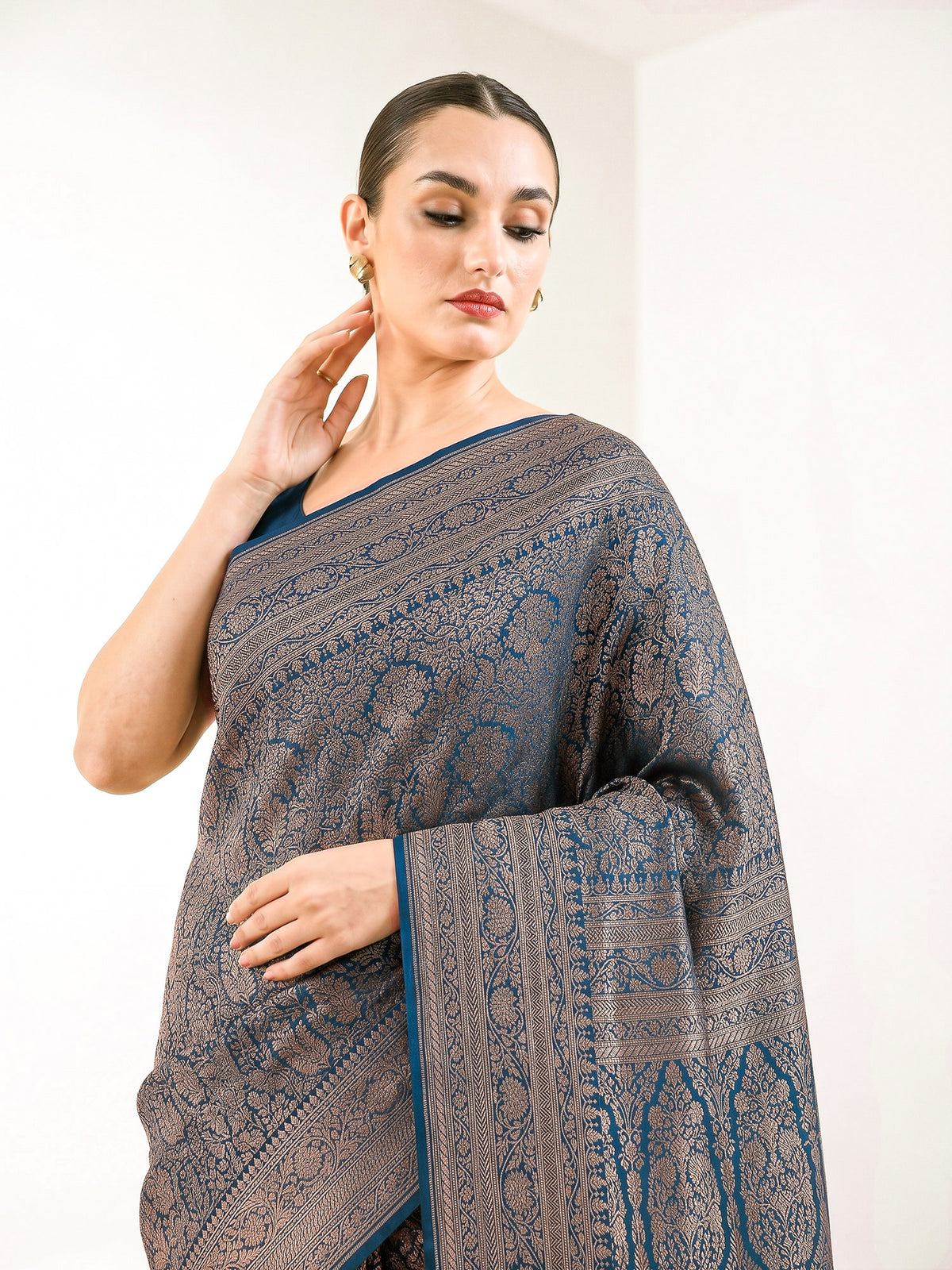 Midnight Blue Brocade Crepe Silk Handloom Banarasi Saree - Sacred Weaves