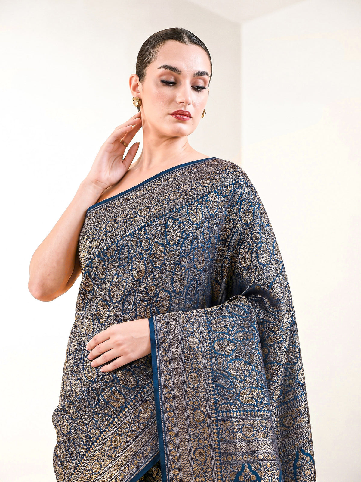 Midnight Blue Zari Brocade Crepe Silk Handloom Banarasi Saree - Sacred Weaves