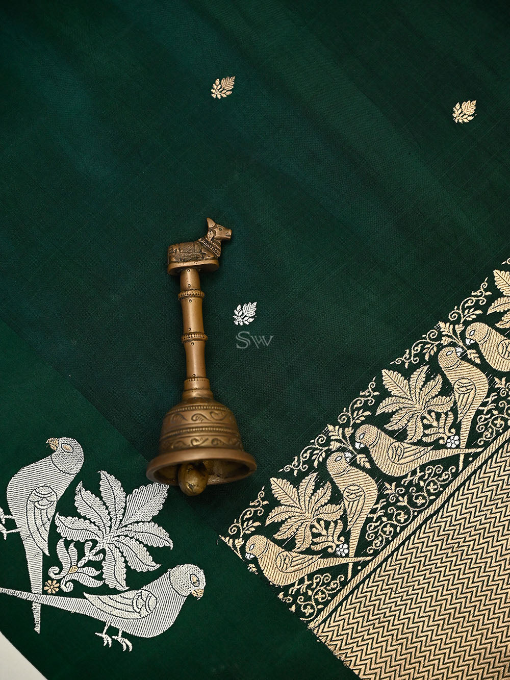 Bottle Green Floral Booti Pure Silk Handloom Banarasi Saree - Sacred Weaves