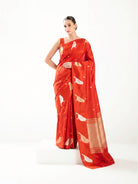 Dark Orange Zari Booti Pure Silk Handloom Banarasi Saree - Sacred Weaves