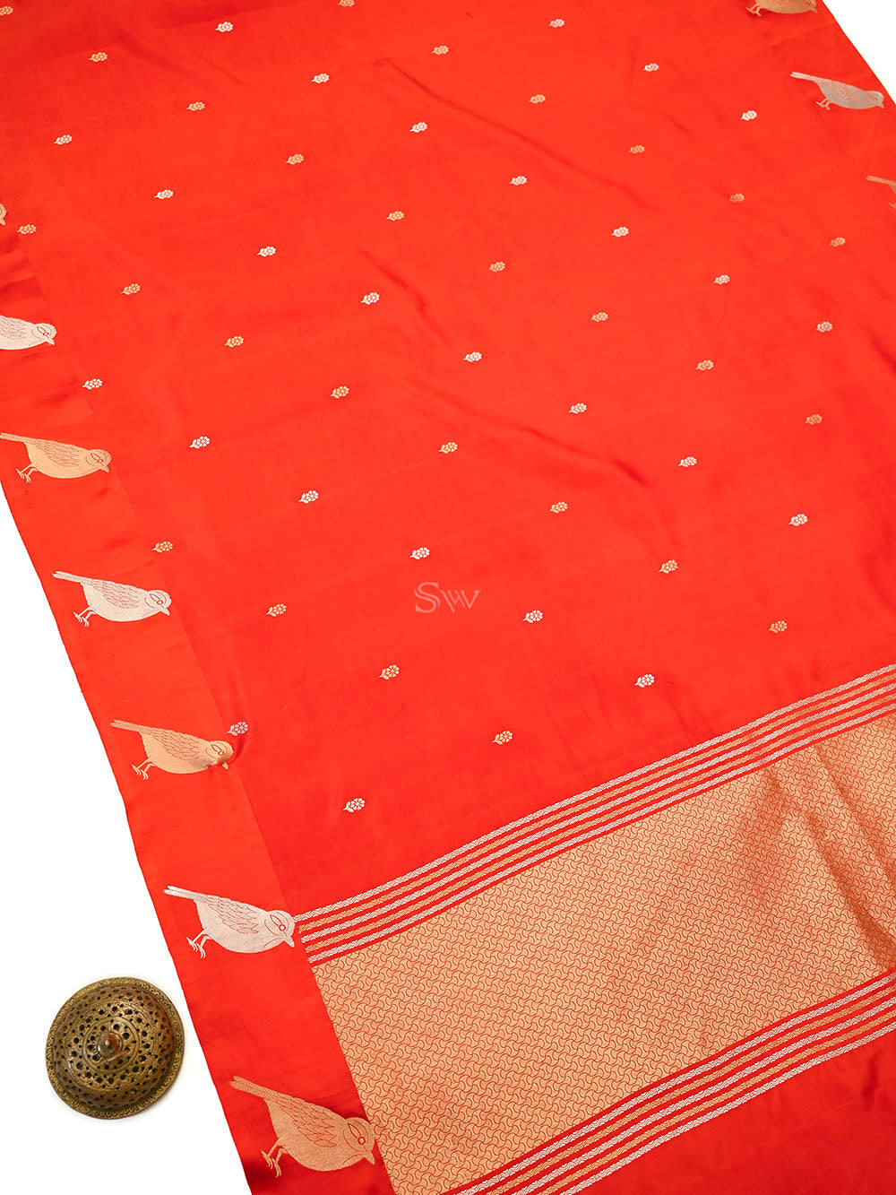 Dark Orange Zari Booti Pure Silk Handloom Banarasi Saree - Sacred Weaves