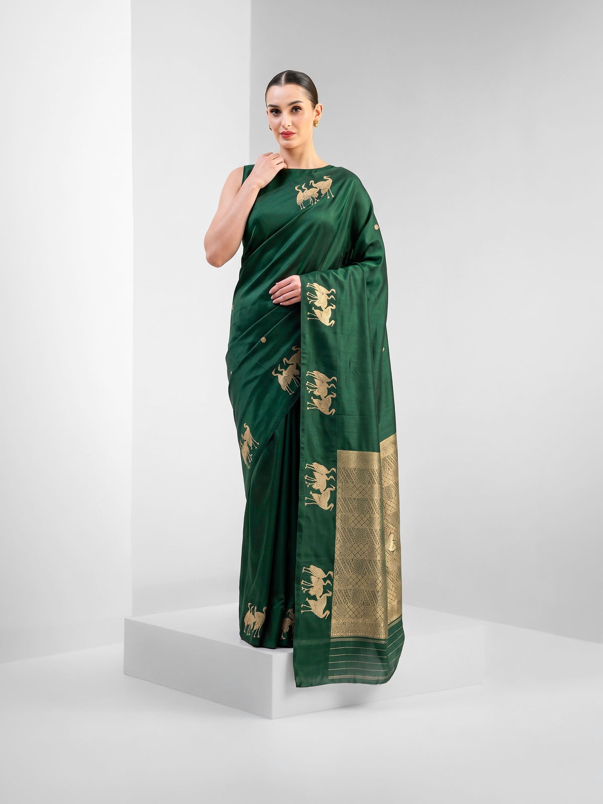 Bottle Green Zari Booti Pure Silk Handloom Banarasi Saree - Sacred Weaves