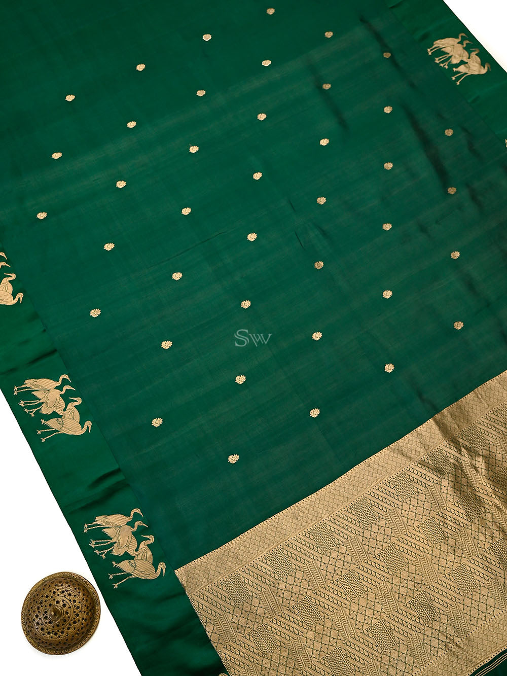 Bottle Green Zari Booti Pure Silk Handloom Banarasi Saree - Sacred Weaves
