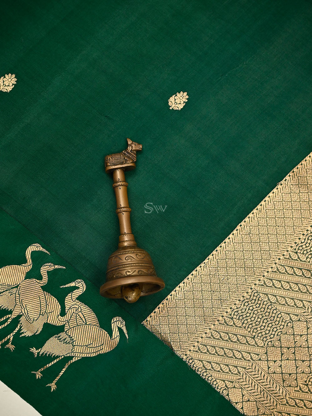 Bottle Green Zari Booti Pure Silk Handloom Banarasi Saree - Sacred Weaves