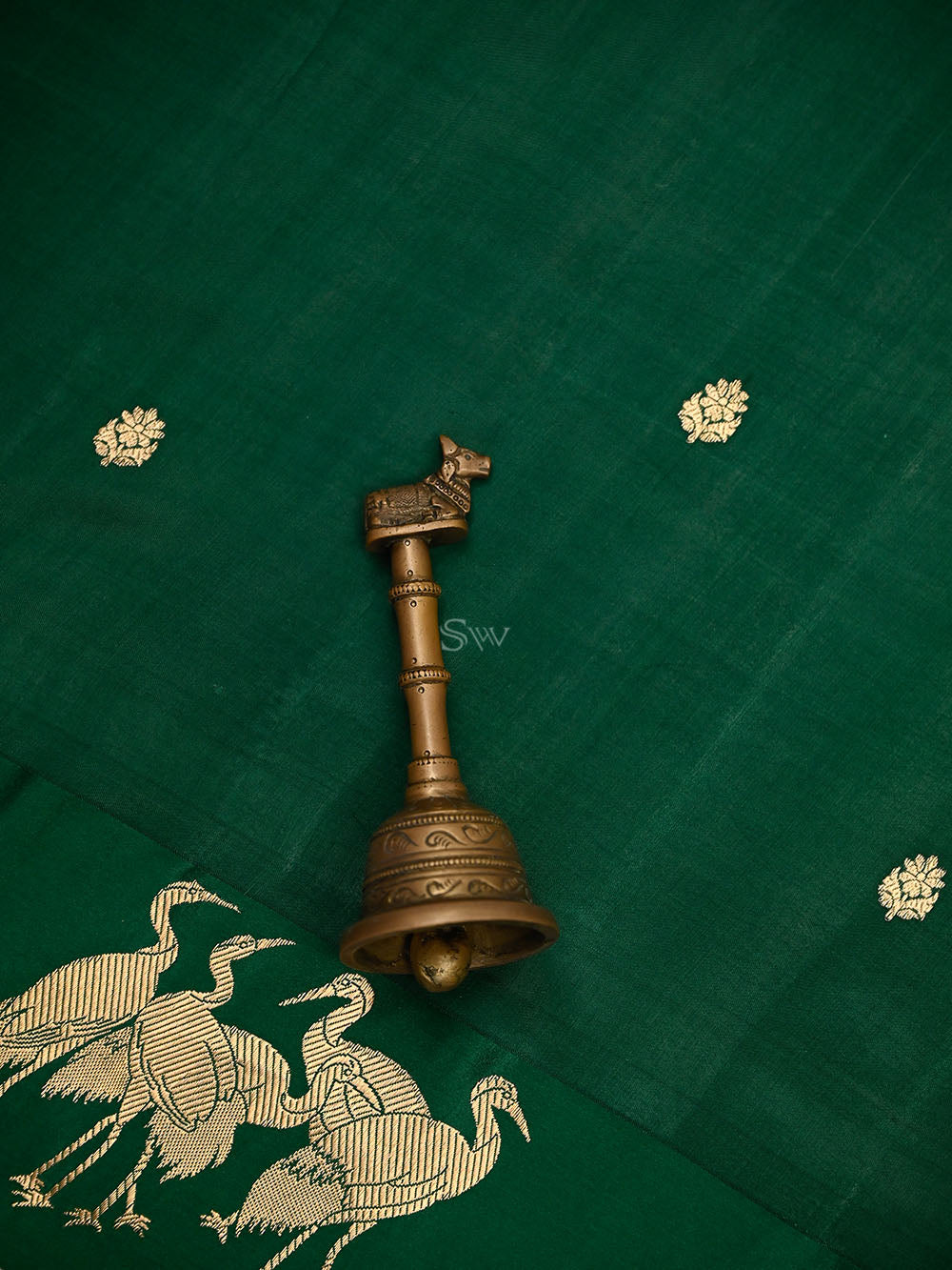 Bottle Green Zari Booti Pure Silk Handloom Banarasi Saree - Sacred Weaves