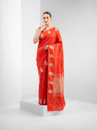 Dark Orange Floral Booti Pure Silk Handloom Banarasi Saree - Sacred Weaves