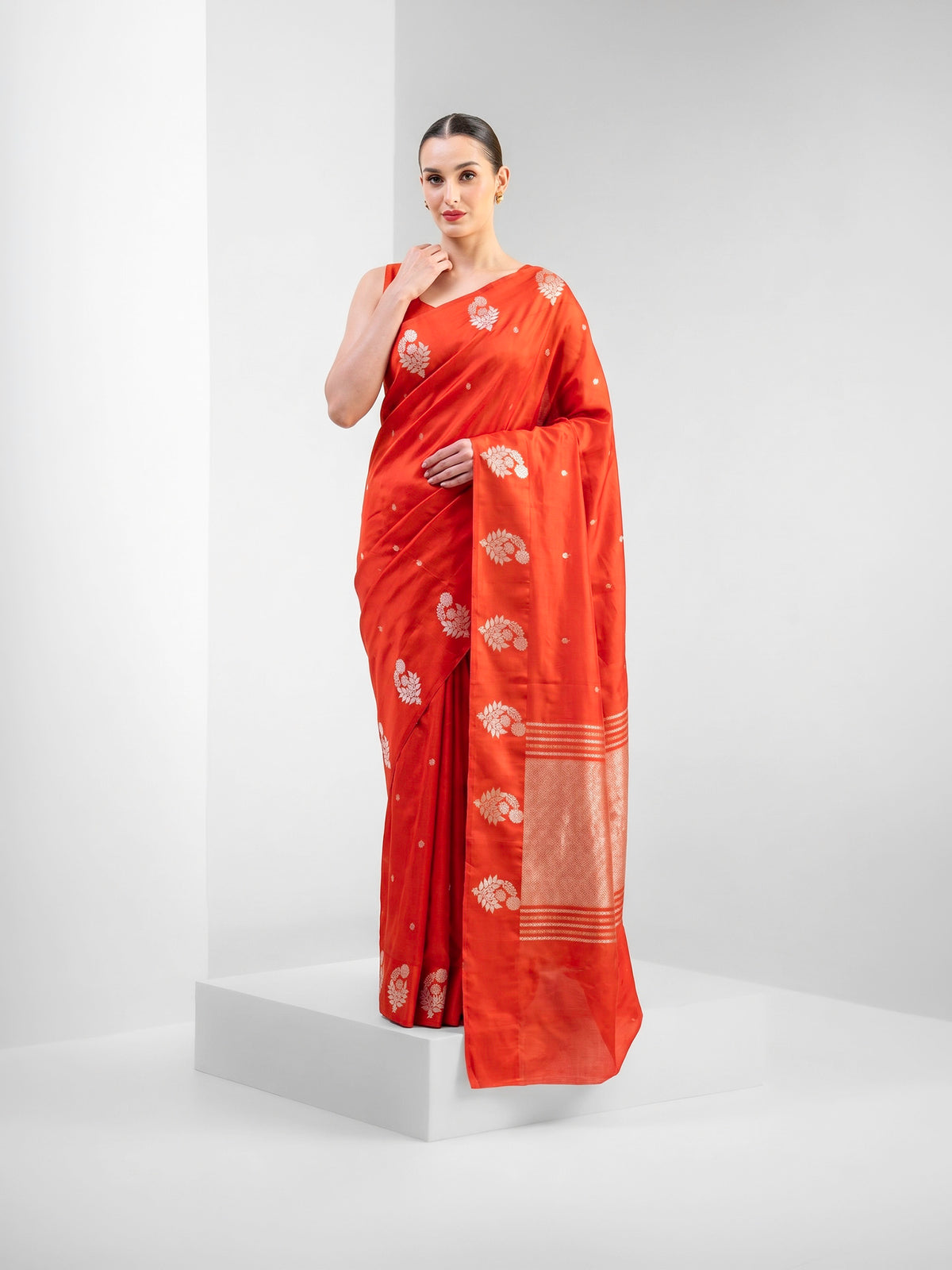 Dark Orange Floral Booti Pure Silk Handloom Banarasi Saree - Sacred Weaves