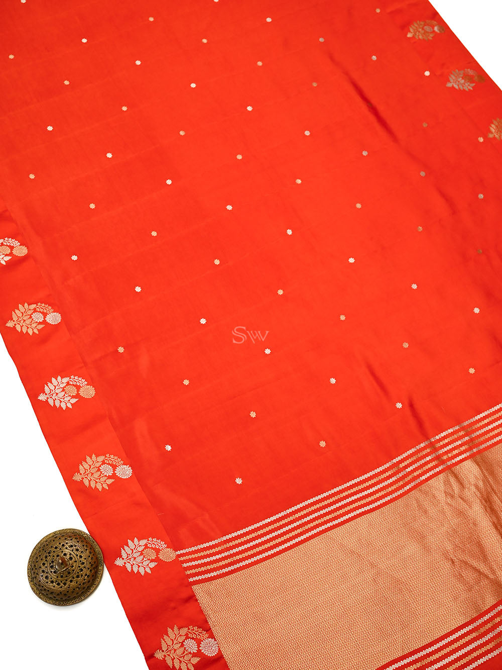 Dark Orange Floral Booti Pure Silk Handloom Banarasi Saree - Sacred Weaves