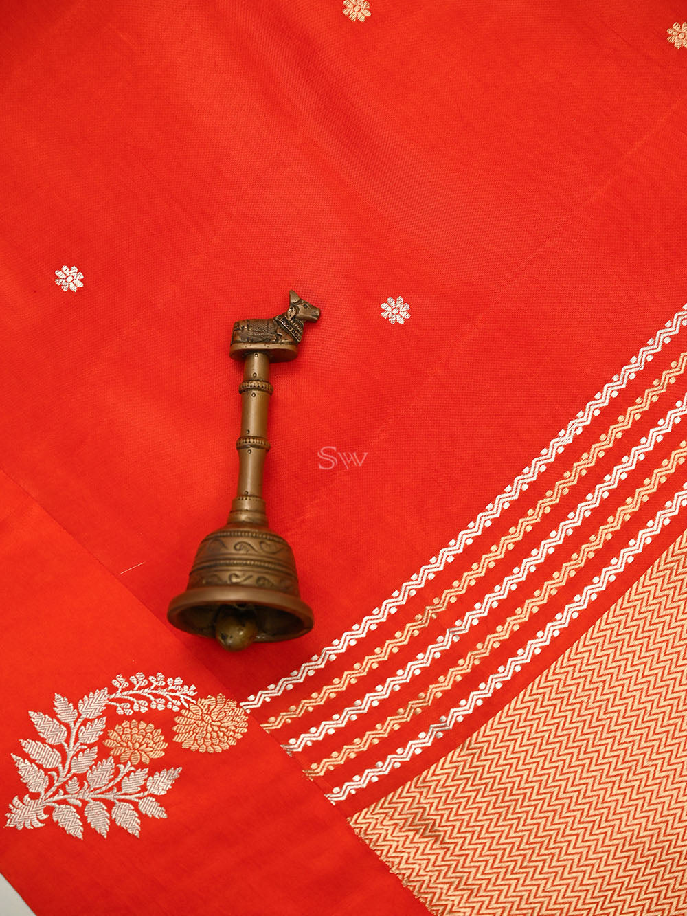 Dark Orange Floral Booti Pure Silk Handloom Banarasi Saree - Sacred Weaves