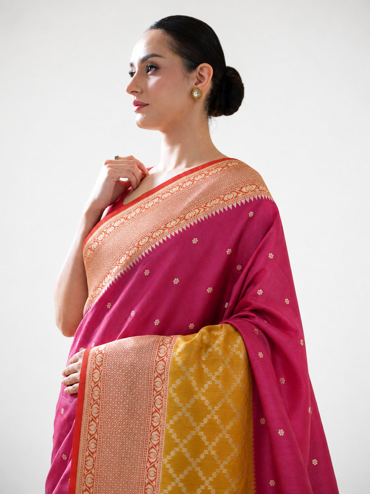 Magenta Booti Moonga Tussar Silk Handloom Banarasi Saree - Sacred Weaves