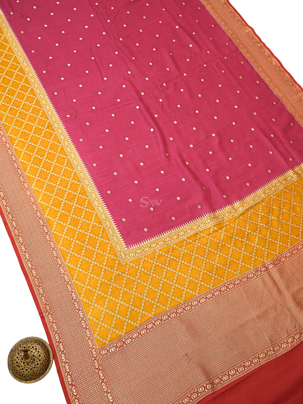 Magenta Booti Moonga Tussar Silk Handloom Banarasi Saree - Sacred Weaves