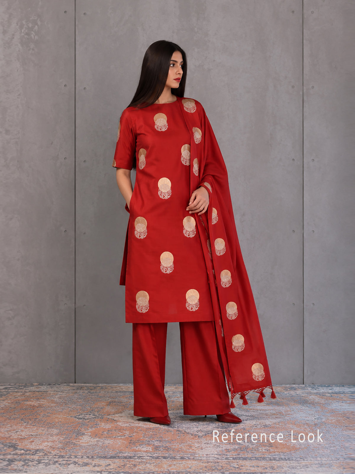 Red Sona Roopa Booti Satin Silk Handloom Banarasi Suit - Sacred Weaves