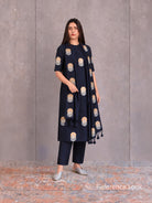 Dark Blue Black Sona Roopa Booti Satin Silk Handloom Banarasi Suit - Sacred Weaves