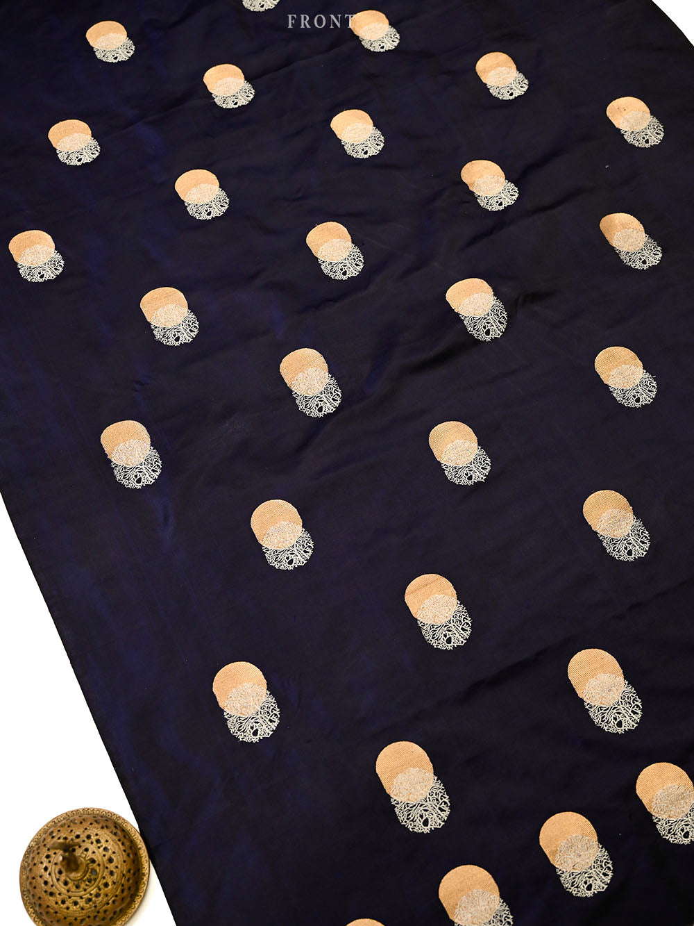 Dark Blue Black Sona Roopa Booti Satin Silk Handloom Banarasi Suit - Sacred Weaves