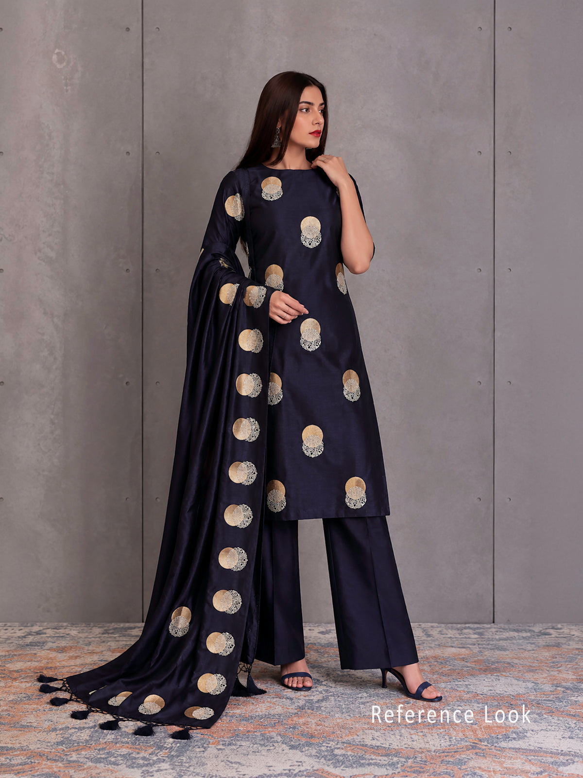 Dark Blue Black Sona Roopa Booti Satin Silk Handloom Banarasi Suit - Sacred Weaves
