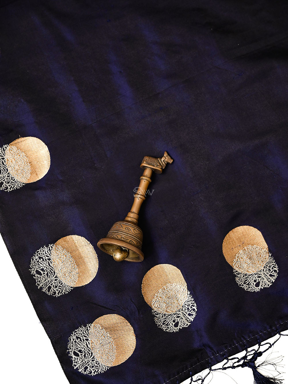Dark Blue Black Sona Roopa Booti Satin Silk Handloom Banarasi Suit - Sacred Weaves