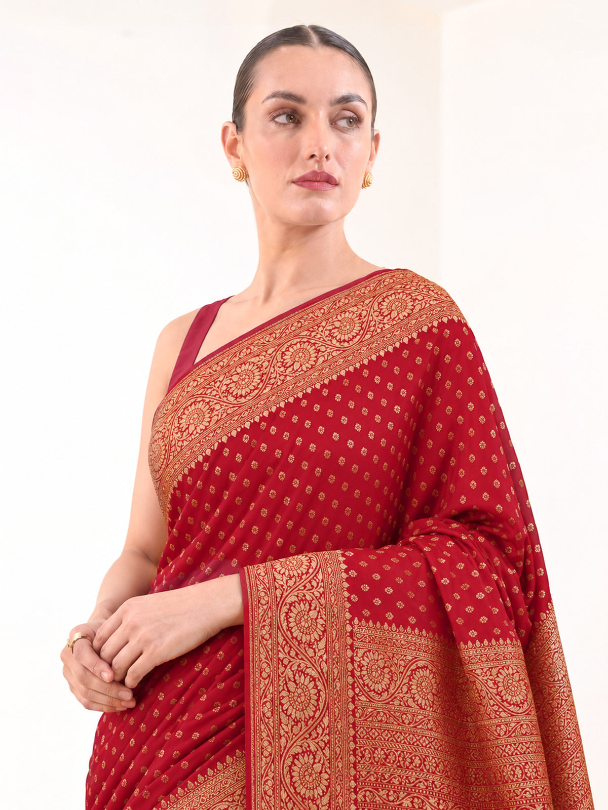 Maroon Floral Booti Crepe Silk Handloom Banarasi Saree - Sacred Weaves