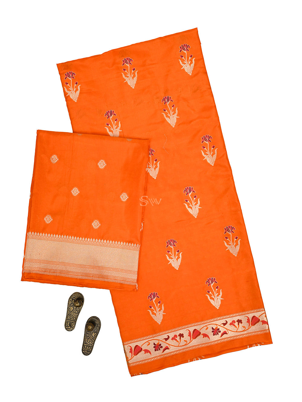 Orange Booti Katan Silk Handloom Banarasi Suit - Sacred Weaves