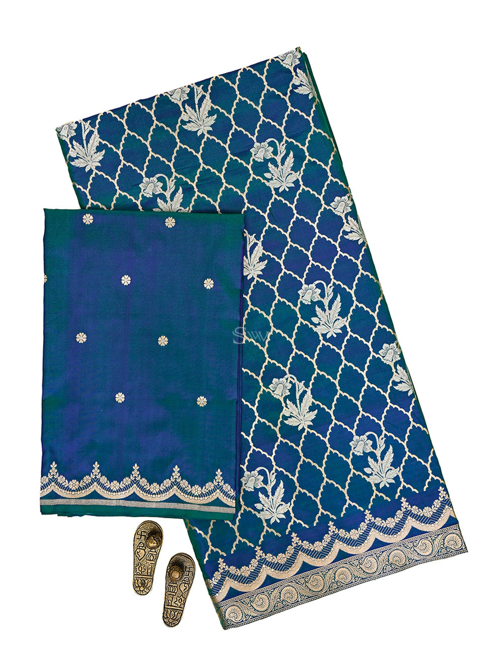 Blue Green Sona Roopa Jaal Katan Silk Handloom Banarasi Suit - Sacred Weaves