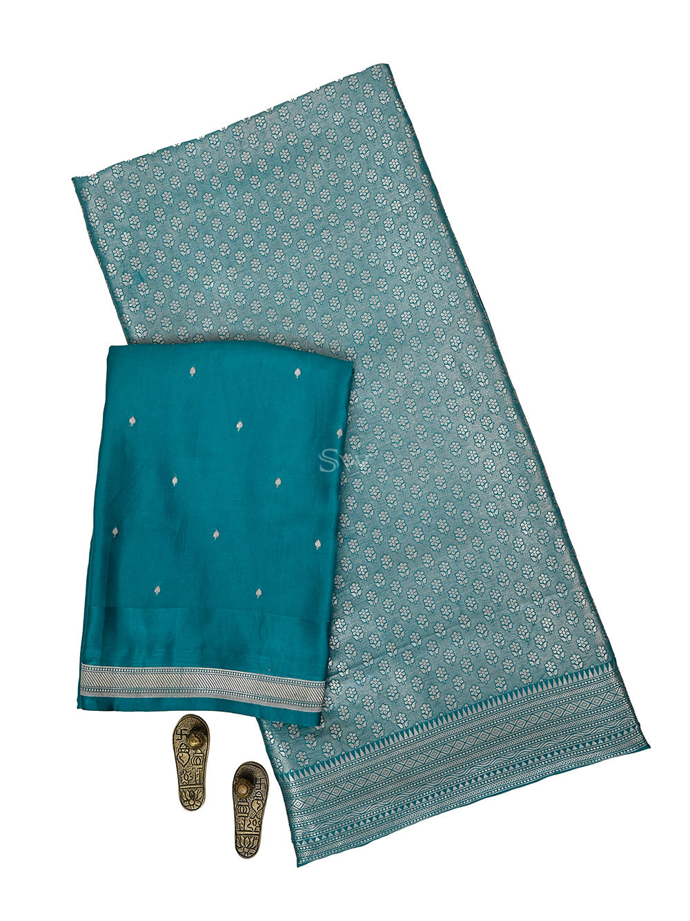 Teal Blue Brocade Tissue Silk Handloom Banarasi Suit - Sacred Weaves