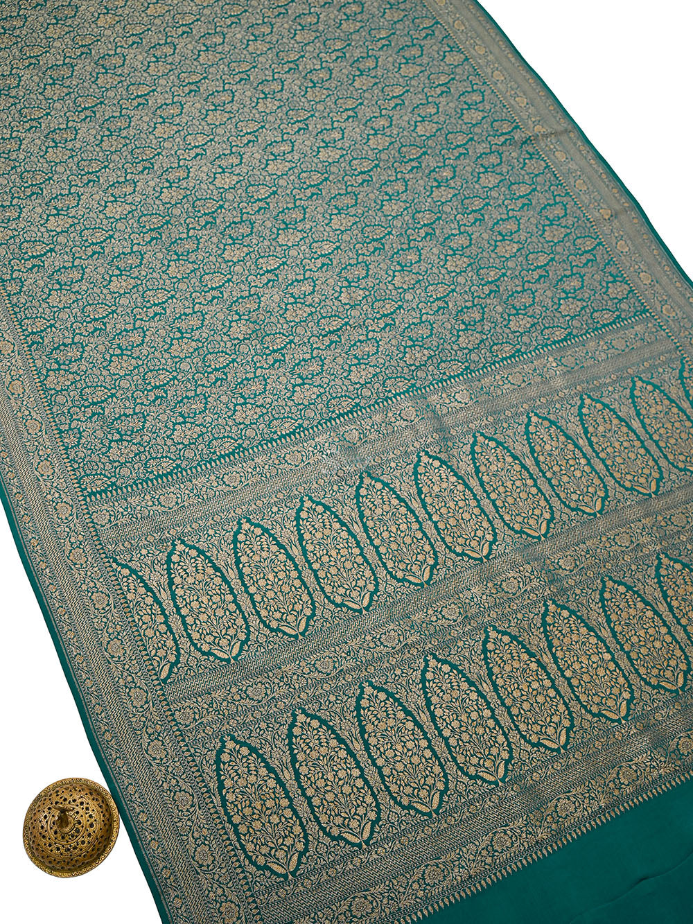 Teal Green Brocade Crepe Silk Handloom Banarasi Saree - Sacred Weaves
