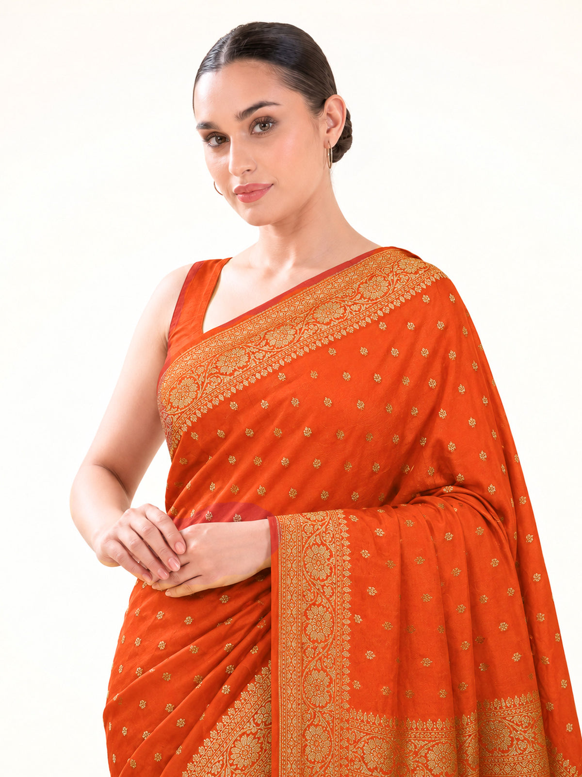 Dark Orange Floral Booti Crepe Silk Handloom Banarasi Saree - Sacred Weaves