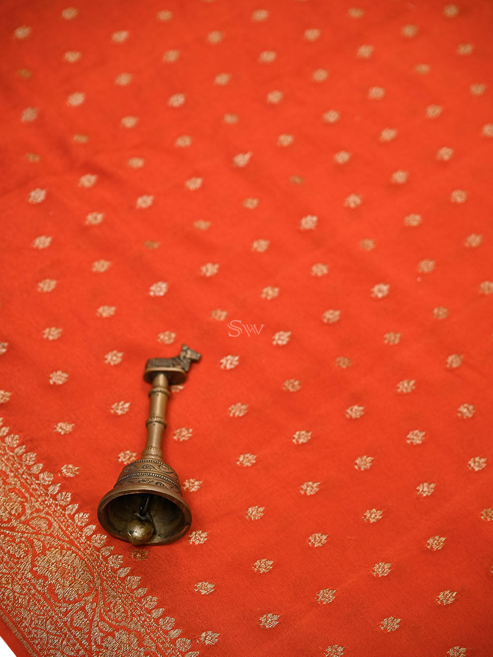 Dark Orange Floral Booti Crepe Silk Handloom Banarasi Saree - Sacred Weaves