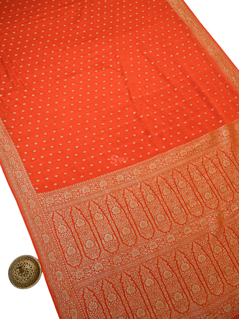Dark Orange Floral Booti Crepe Silk Handloom Banarasi Saree - Sacred Weaves
