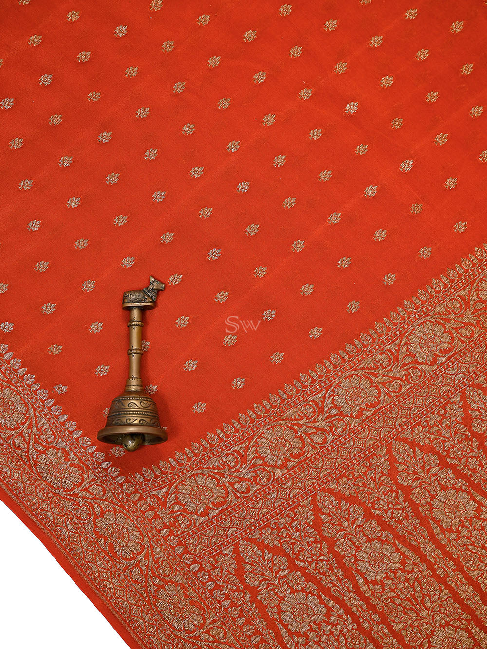 Dark Orange Floral Booti Crepe Silk Handloom Banarasi Saree - Sacred Weaves