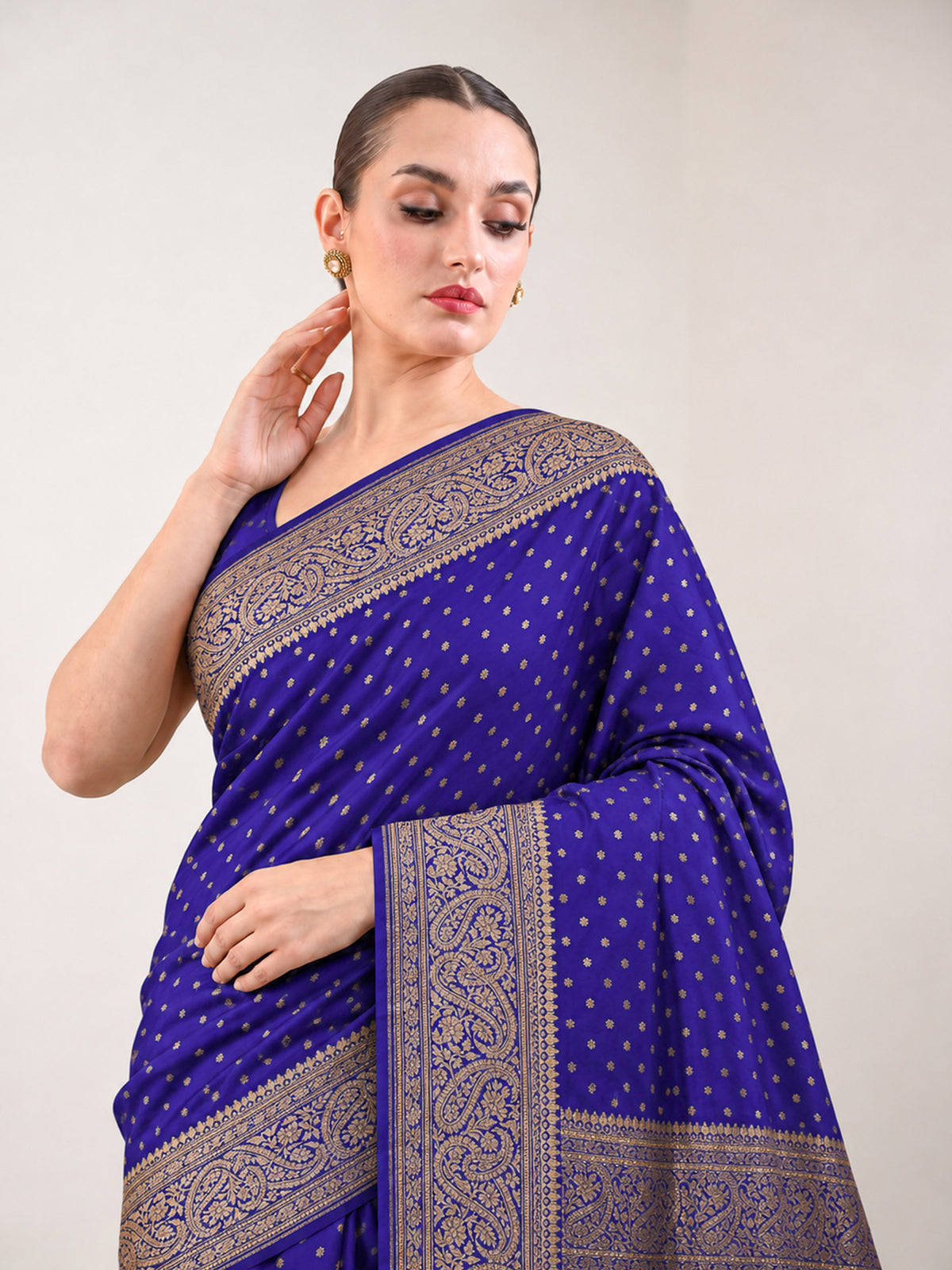 Royal Blue Zari Booti Crepe Silk Handloom Banarasi Saree - Sacred Weaves