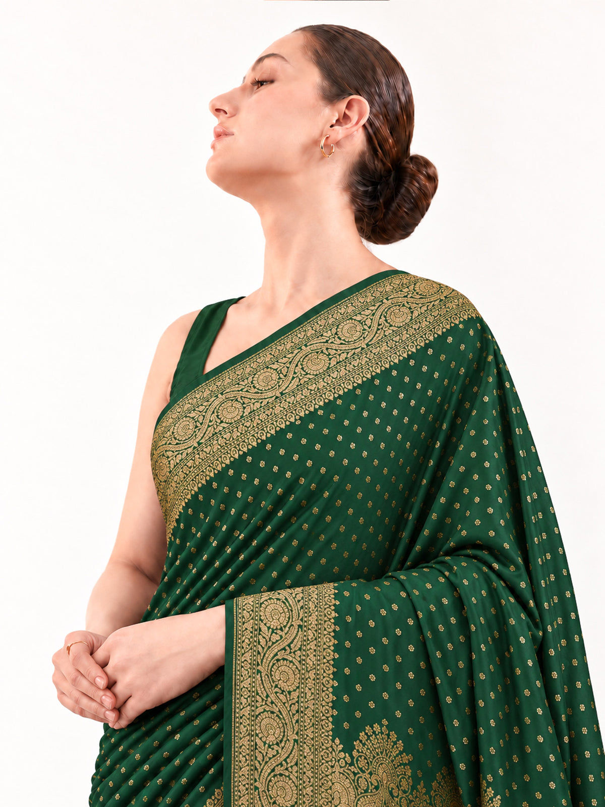 Bottle Green Booti Crepe Silk Handloom Banarasi Saree - Sacred Weaves