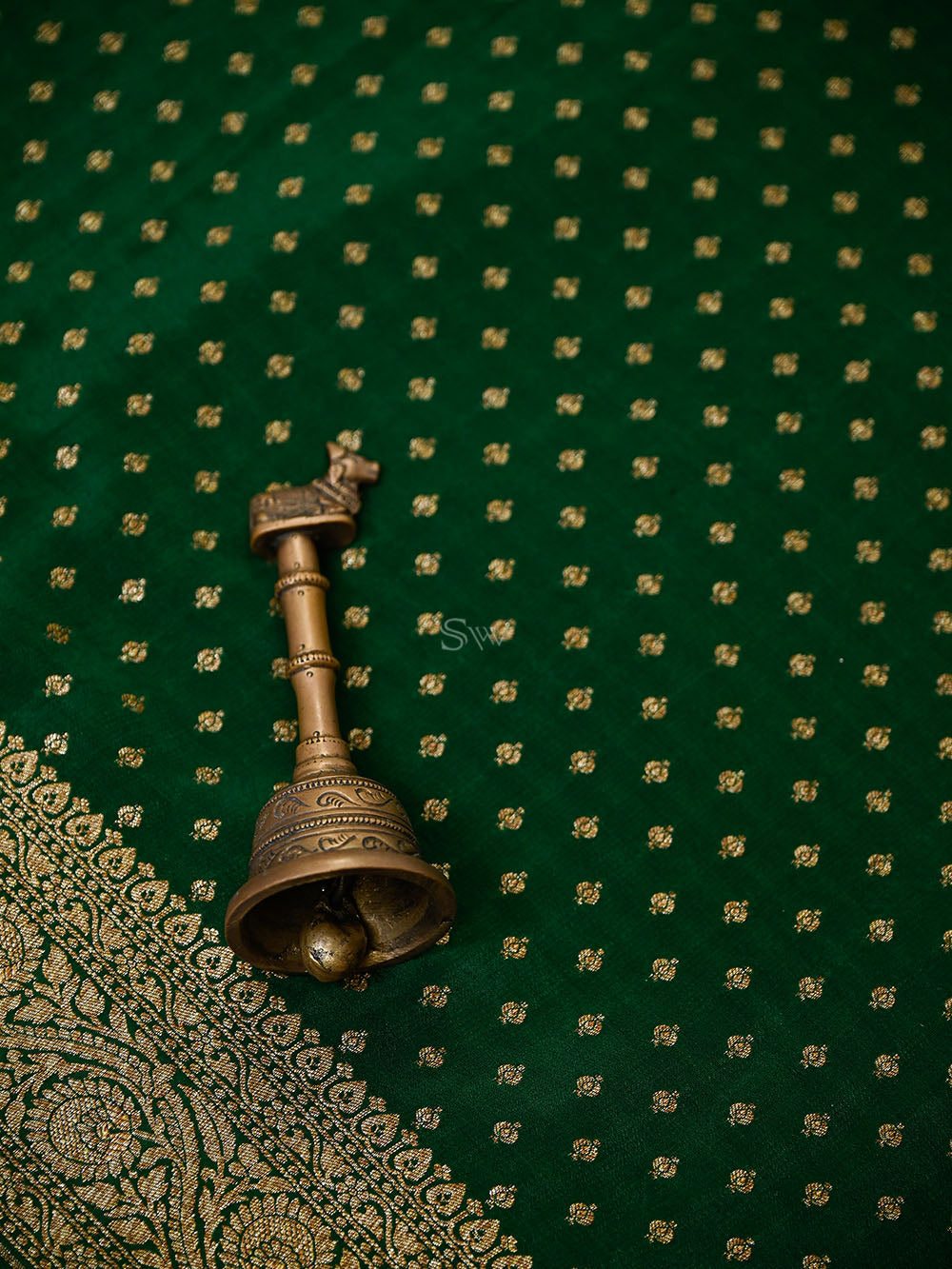 Bottle Green Booti Crepe Silk Handloom Banarasi Saree - Sacred Weaves