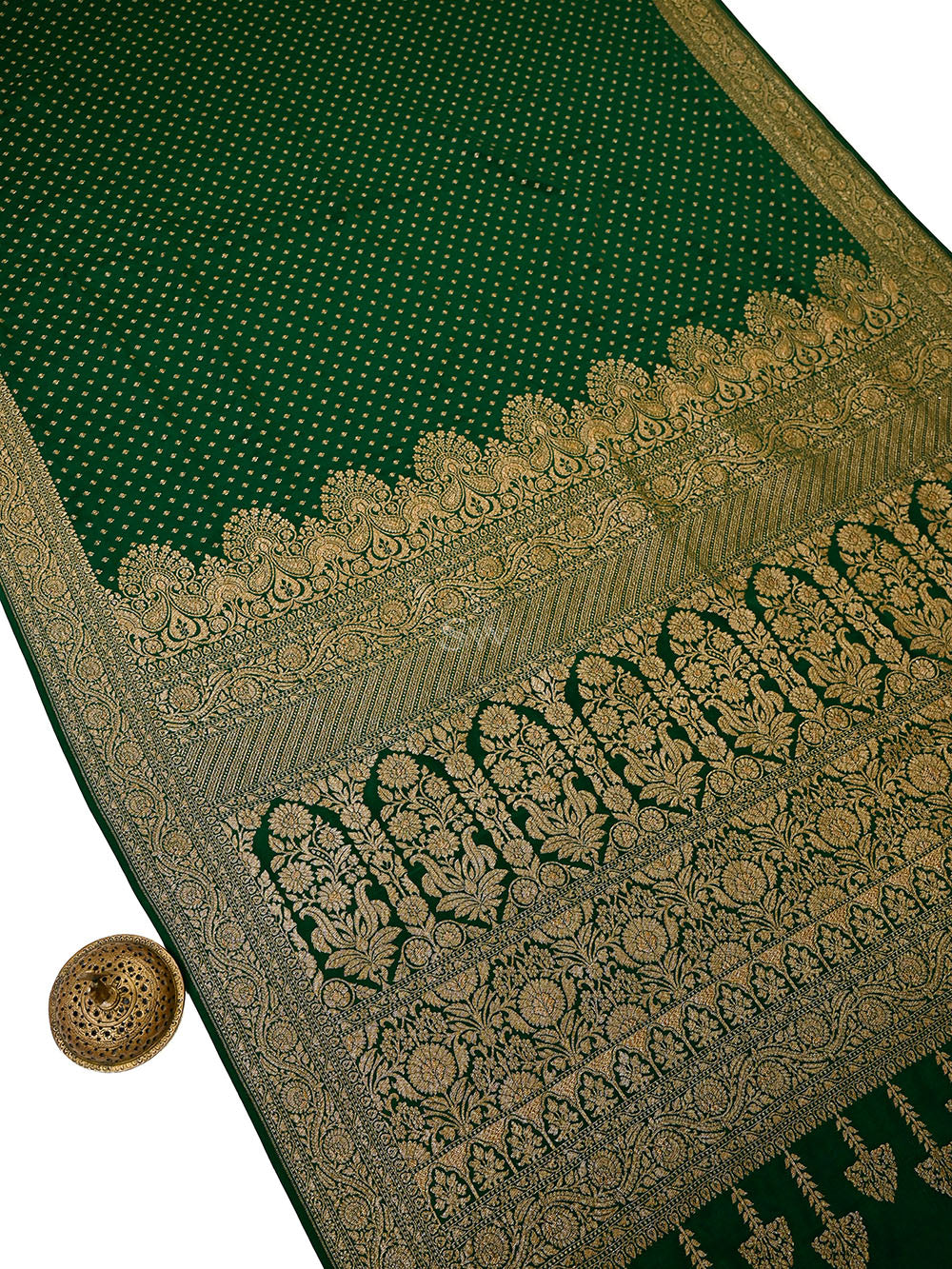 Bottle Green Booti Crepe Silk Handloom Banarasi Saree - Sacred Weaves