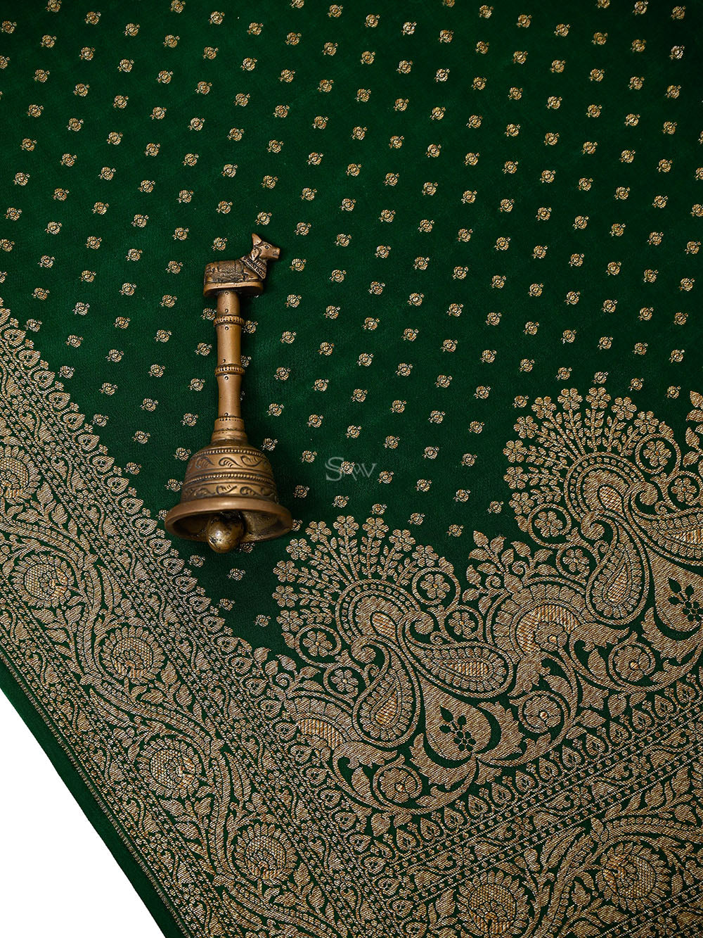 Bottle Green Booti Crepe Silk Handloom Banarasi Saree - Sacred Weaves