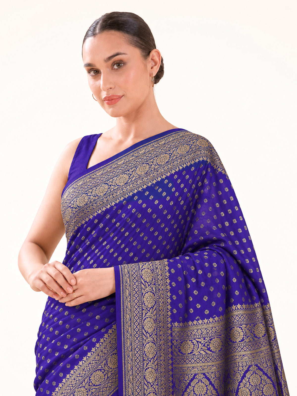 Royal Blue Booti Crepe Silk Handloom Banarasi Saree - Sacred Weaves