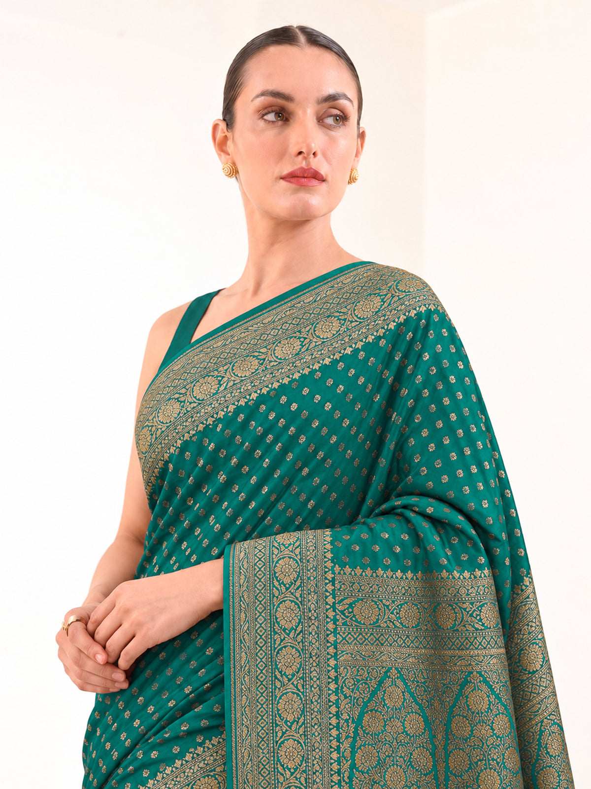 Teal Green Zari Booti Crepe Silk Handloom Banarasi Saree - Sacred Weaves