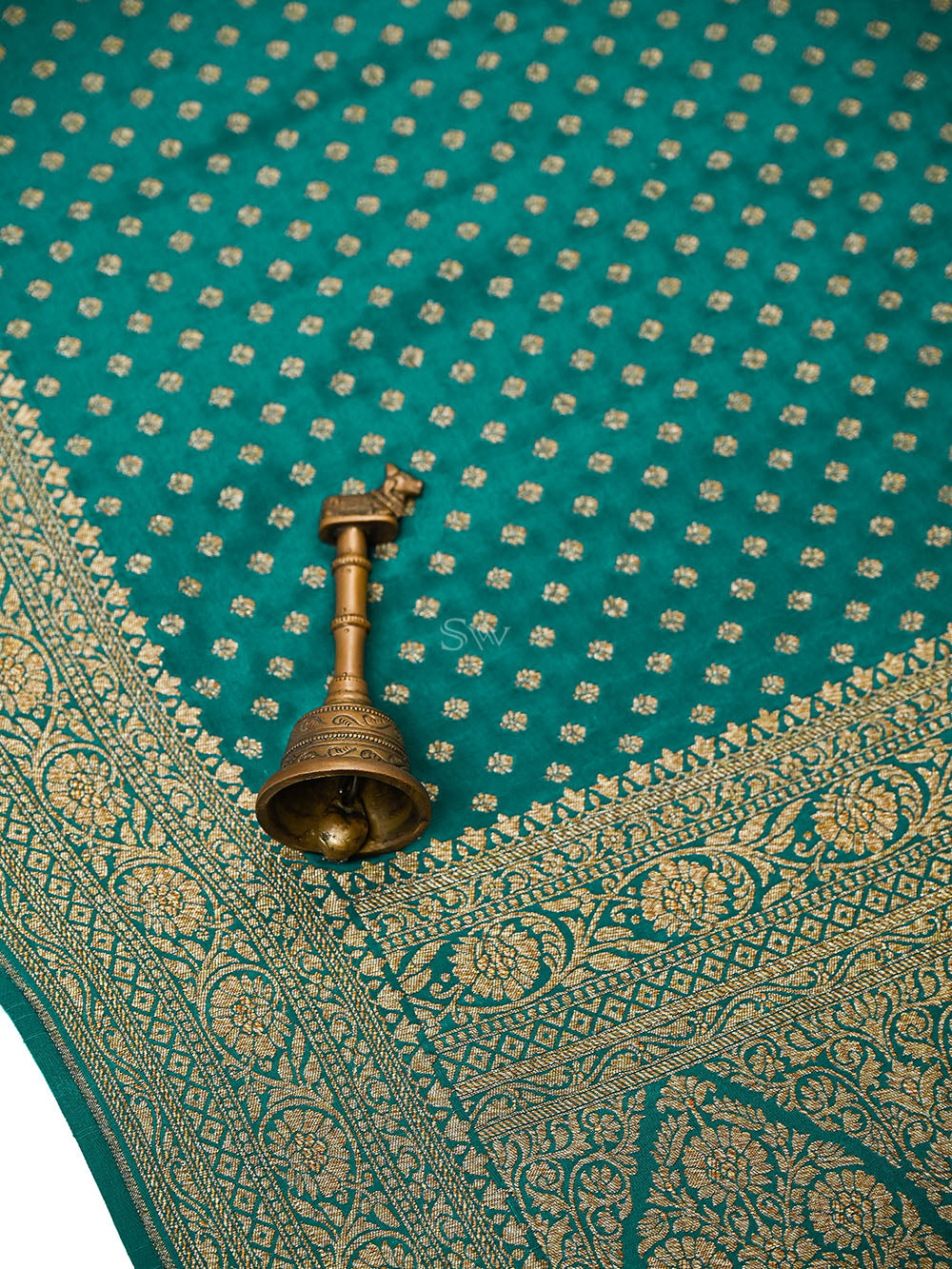 Teal Green Zari Booti Crepe Silk Handloom Banarasi Saree - Sacred Weaves