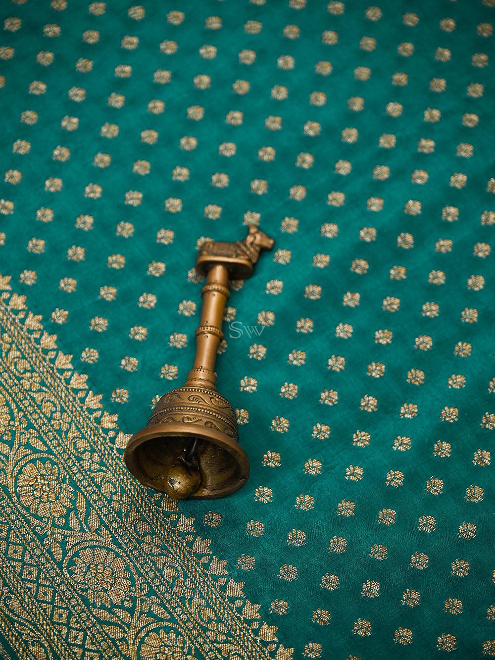 Teal Green Zari Booti Crepe Silk Handloom Banarasi Saree - Sacred Weaves