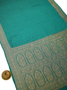 Teal Green Zari Booti Crepe Silk Handloom Banarasi Saree - Sacred Weaves