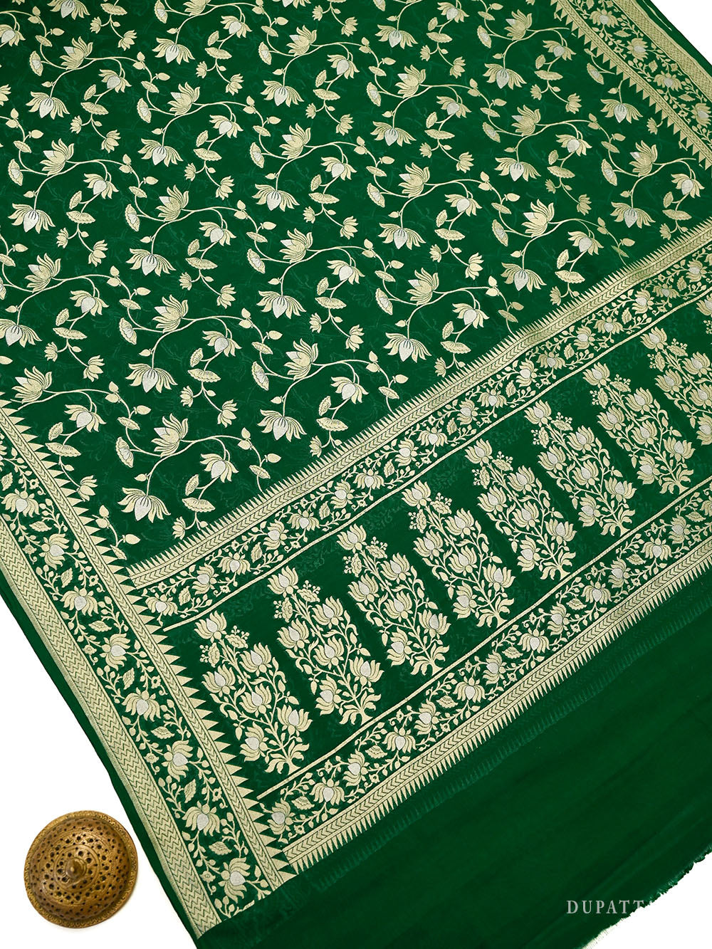 Bottle Green Sona Roopa Booti Khaddi Georgette Handloom Banarasi Suit - Sacred Weaves