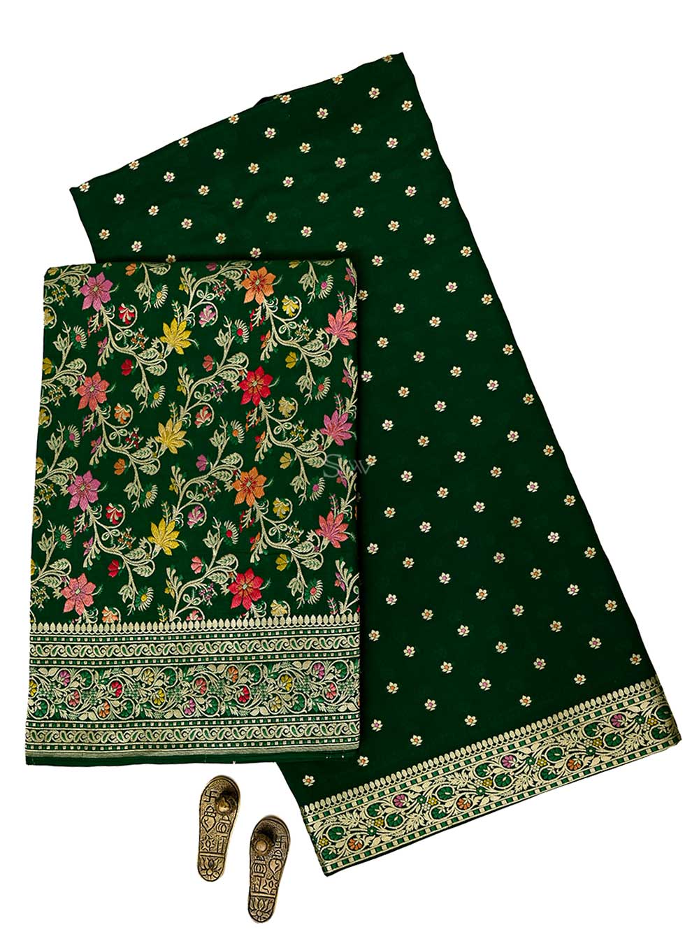 Bottle Green Meenakari Crepe Silk Handloom Banarasi Suit - Sacred Weaves