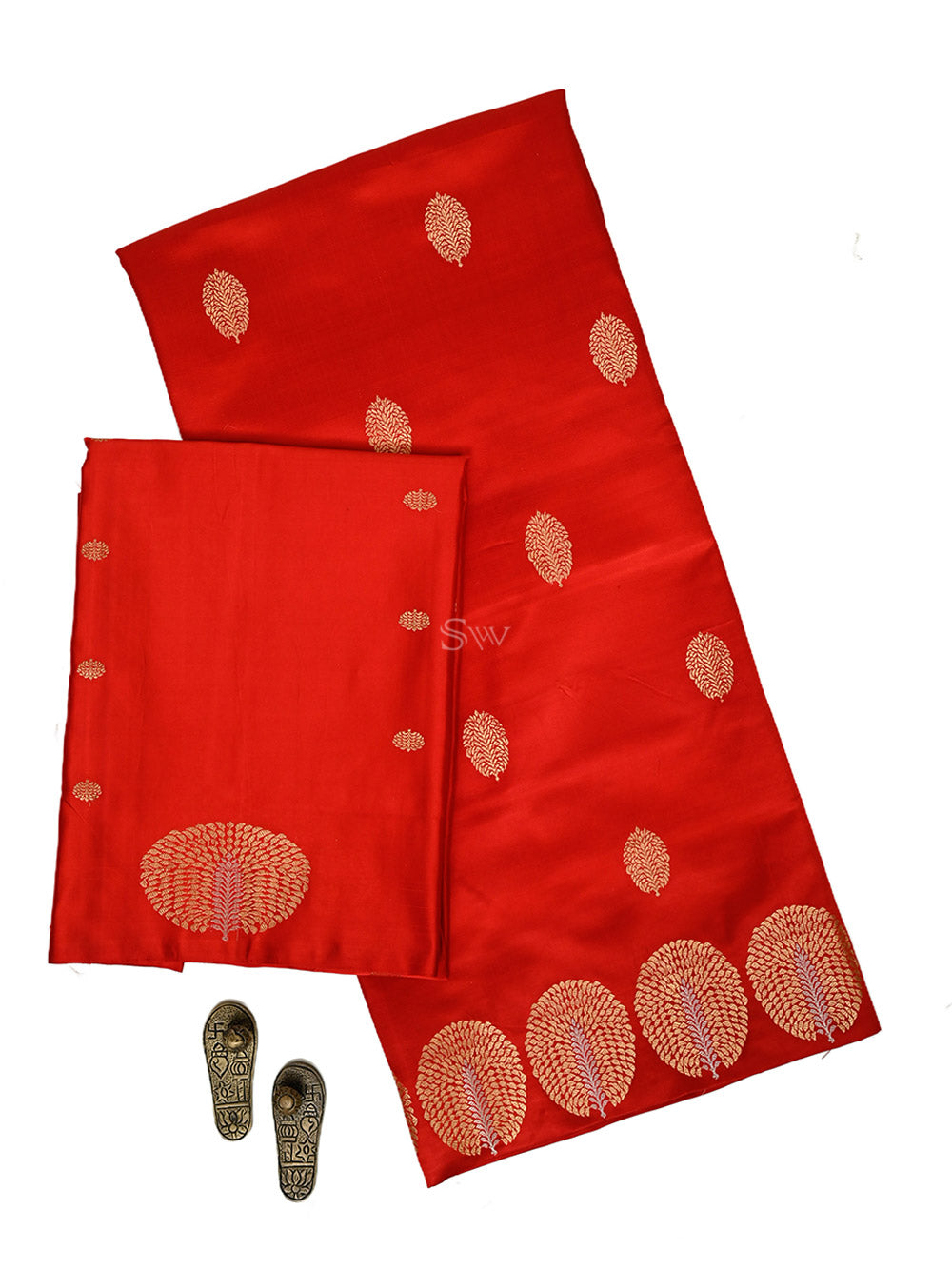 Red Floral Booti Satin Silk Handloom Banarasi Suit - Sacred Weaves