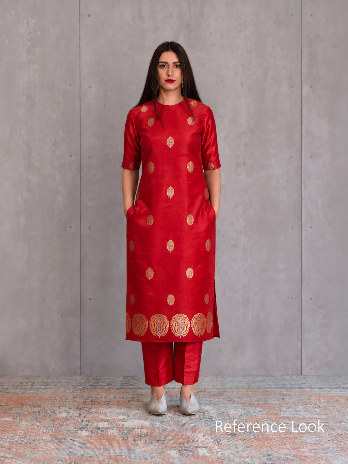 Red Floral Booti Satin Silk Handloom Banarasi Suit - Sacred Weaves