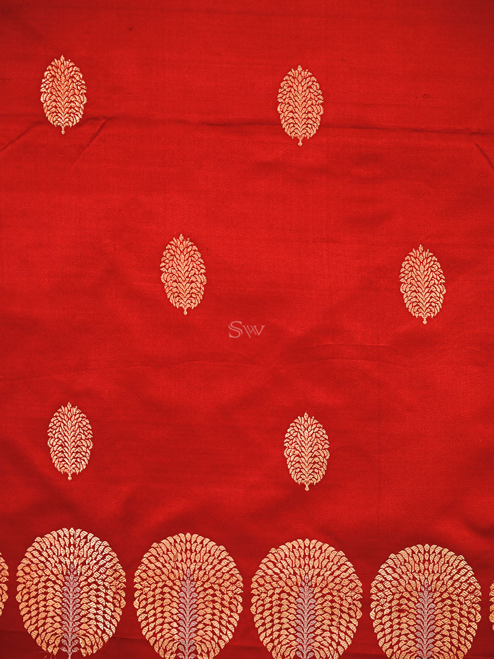 Red Floral Booti Satin Silk Handloom Banarasi Suit - Sacred Weaves