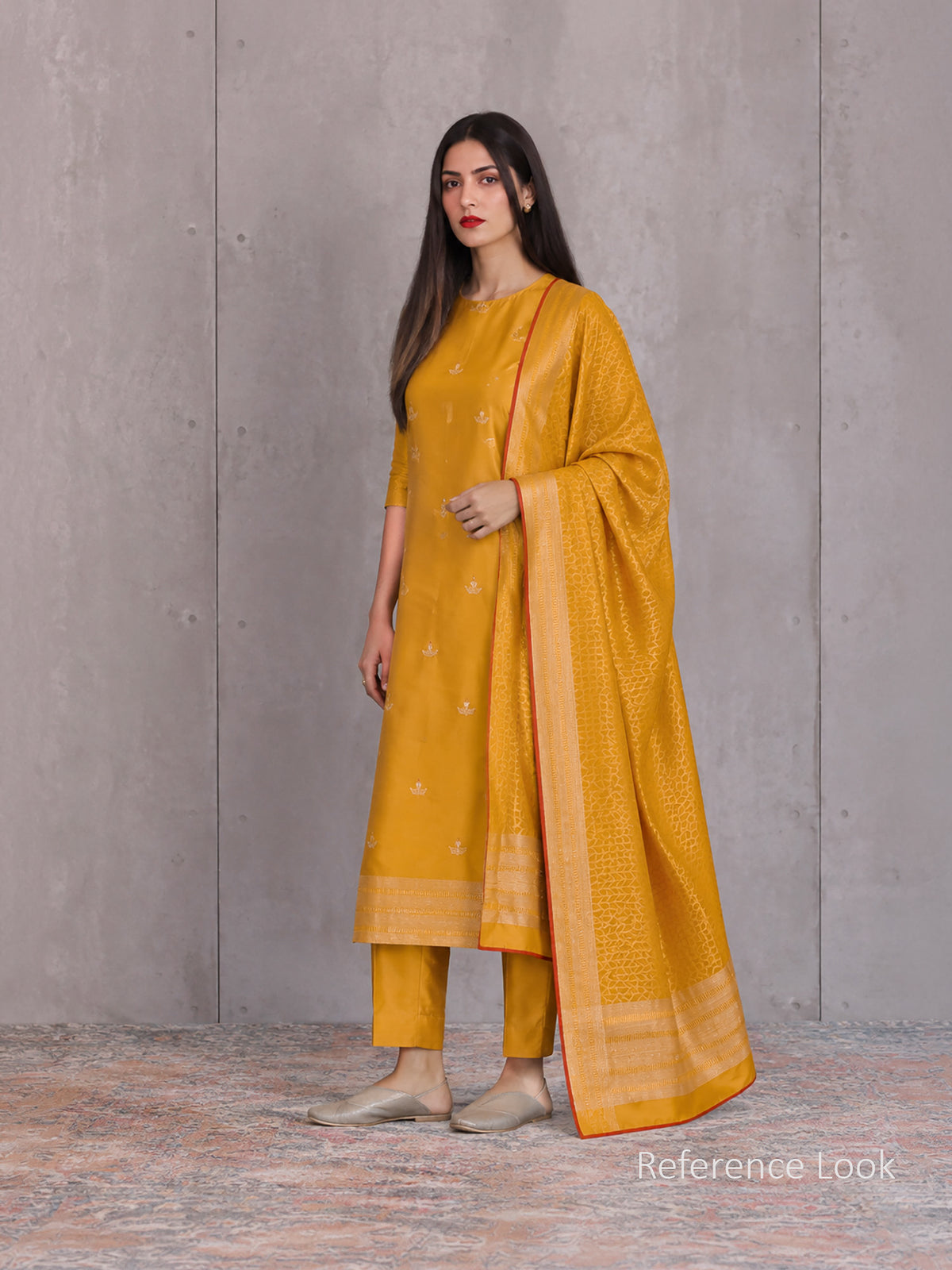 Mustard Floral Booti Satin Silk Handloom Banarasi Suit - Sacred Weaves