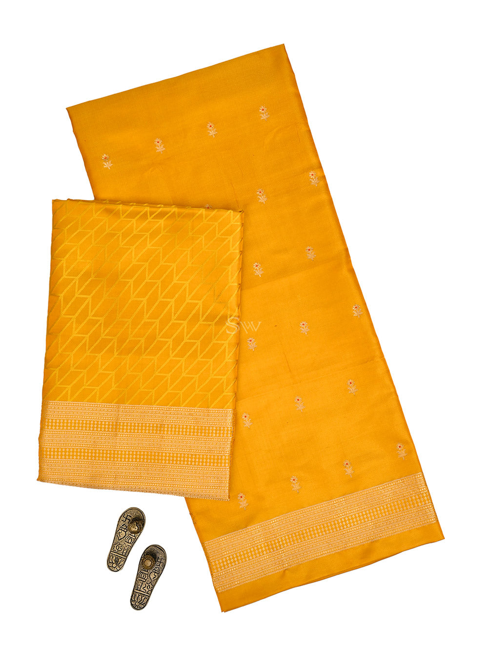 Mustard Floral Booti Satin Silk Handloom Banarasi Suit - Sacred Weaves
