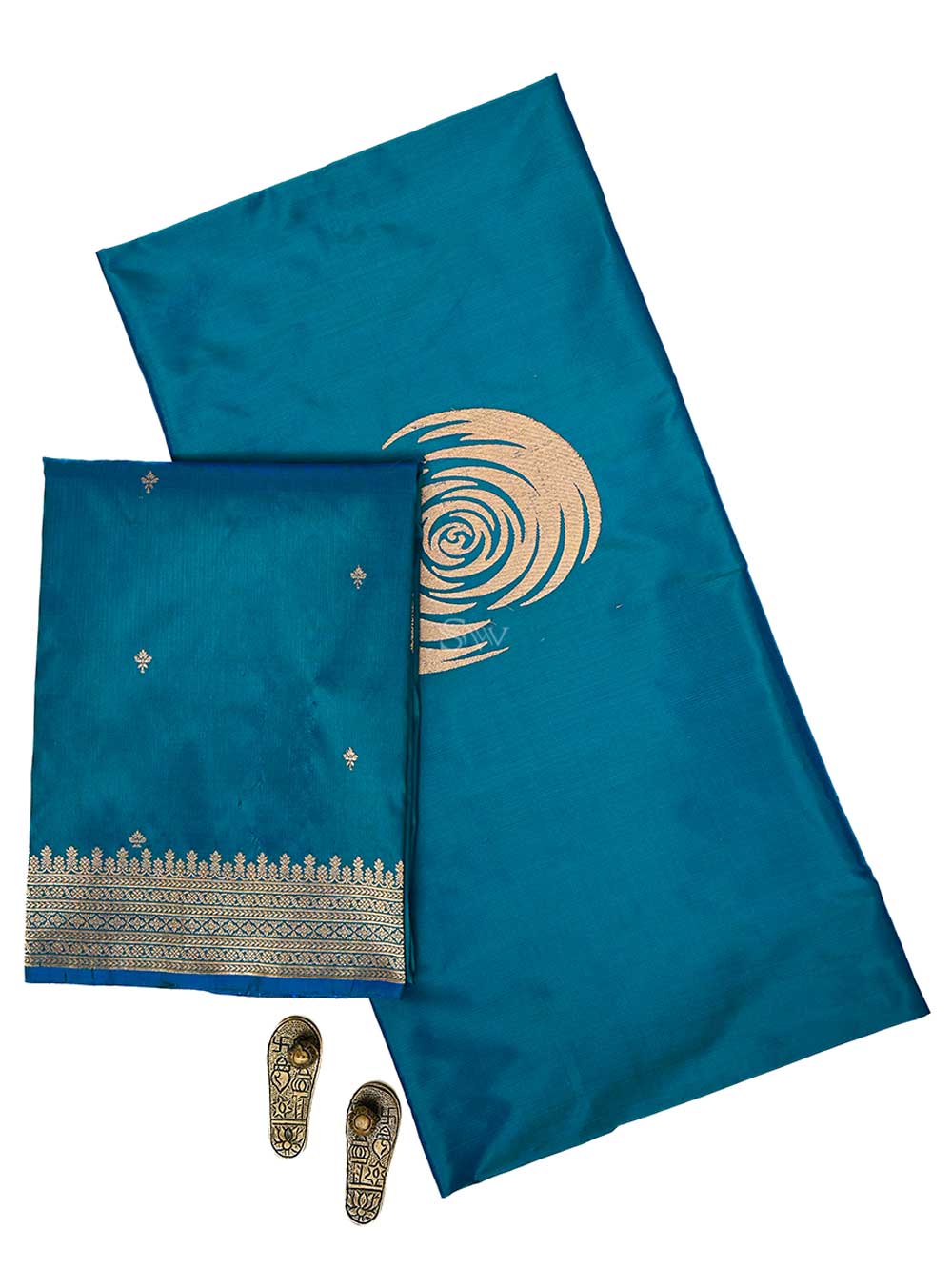 Green Blue Plain Katan Silk Handloom Banarasi Suit - Sacred Weaves