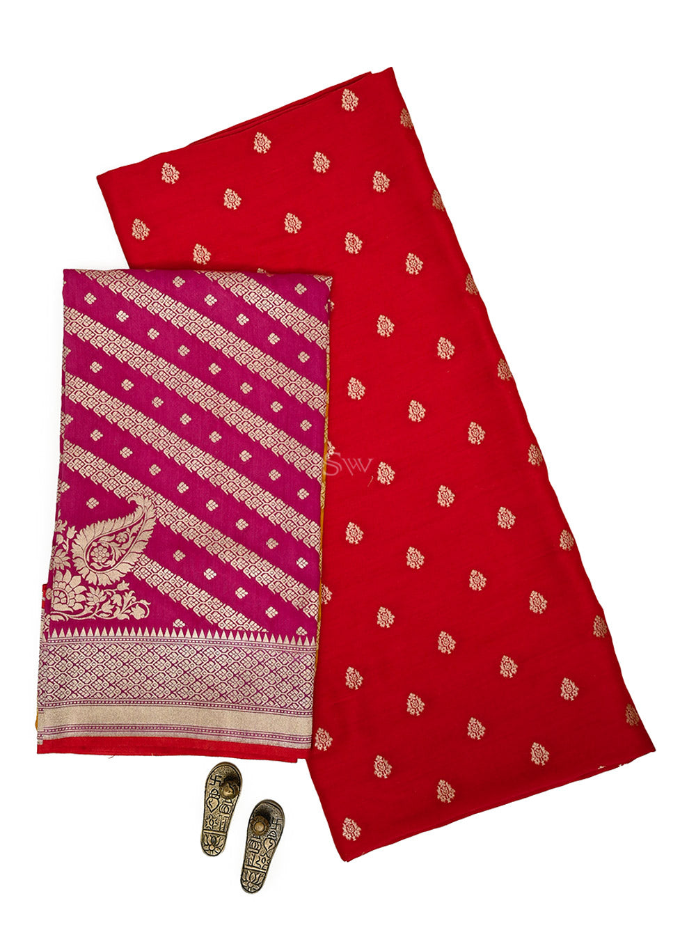 Red Zari Booti Moonga Tussar Silk Handloom Banarasi Suit - Sacred Weaves