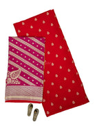 Red Zari Booti Moonga Tussar Silk Handloom Banarasi Suit - Sacred Weaves