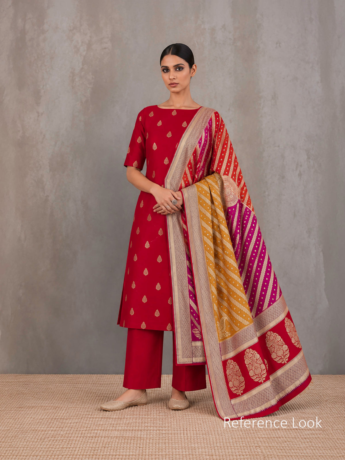 Red Zari Booti Moonga Tussar Silk Handloom Banarasi Suit - Sacred Weaves